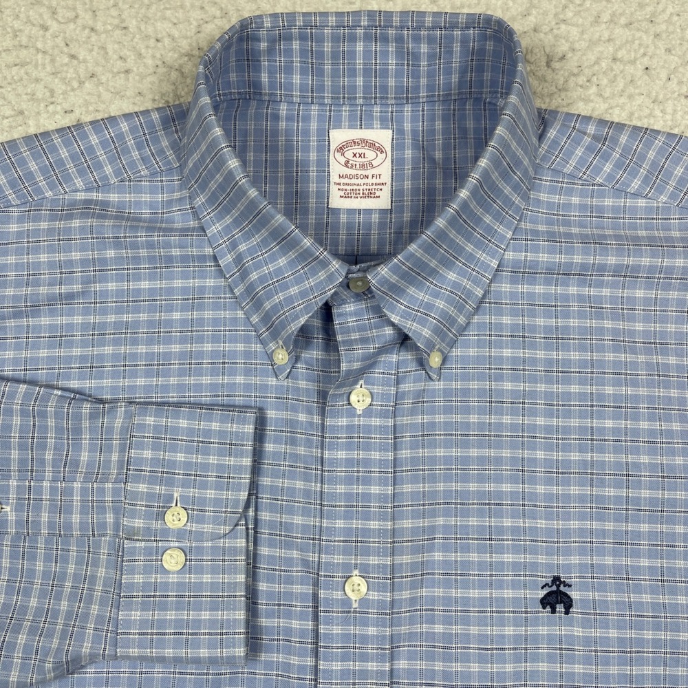 Brooks Brothers Shirt Mens XXL Blue Madison Fit Plaid Non Iron Stretch Preppy